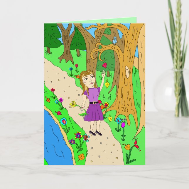Folk Art Girl on Fall Trail in Woods Saying Hi Card (Front)