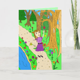 Folk Art Girl on Fall Trail in Woods Saying Hi Card