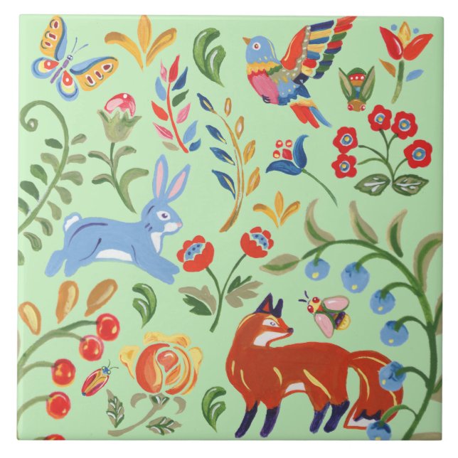 Folk Art Green Animal Woodland Floral Fox Rabbit Tile (Front)