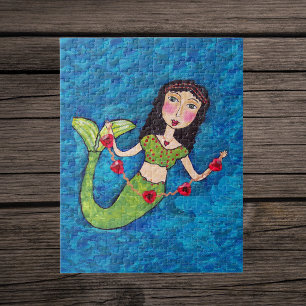 Folk Art Green Mermaid String of Red Hearts Jigsaw Puzzle