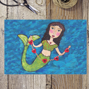 Folk Art Green Mermaid String of Red Hearts Tissue Paper