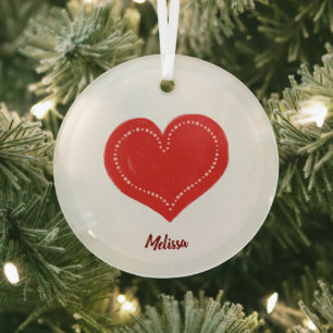 Folk art hand drawn Valentine red heart with name Glass Tree Decoration