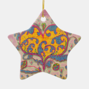 Folk Art Heart with leaves and flowers Ceramic Tree Decoration