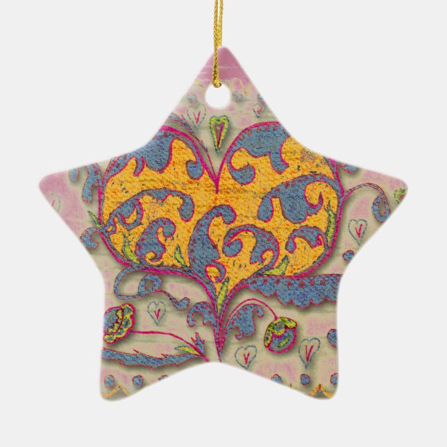 Folk Art Heart with leaves and flowers Ceramic Tree Decoration (Front)