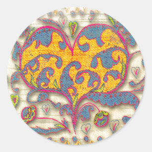 Folk Art Heart with leaves and flowers Classic Round Sticker