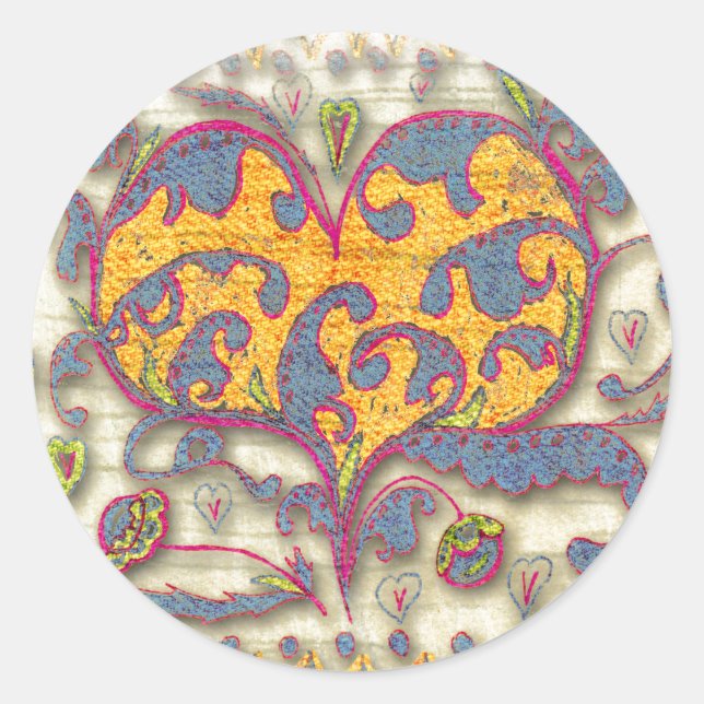 Folk Art Heart with leaves and flowers Classic Round Sticker (Front)