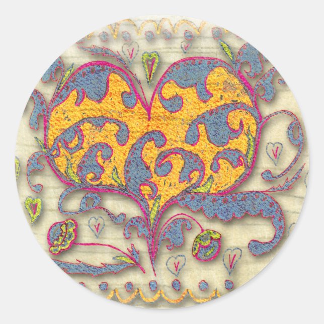Folk Art Heart with leaves and flowers Classic Round Sticker (Front)