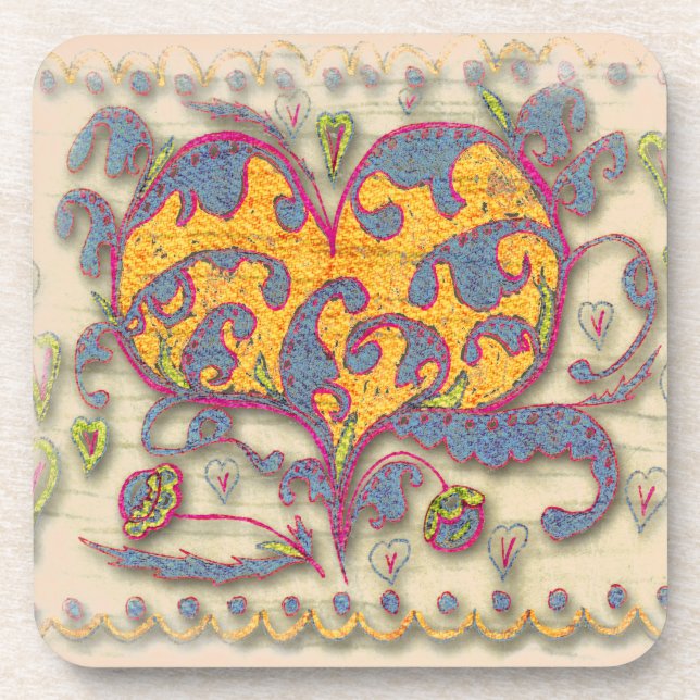 Folk Art Heart with leaves and flowers Coaster (Front)