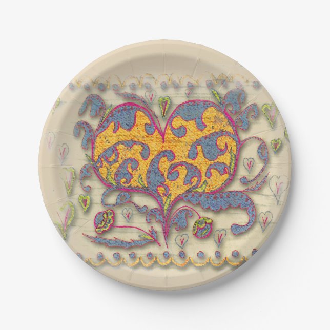 Folk Art Heart with leaves and flowers Dinner Plat Paper Plate (Front)