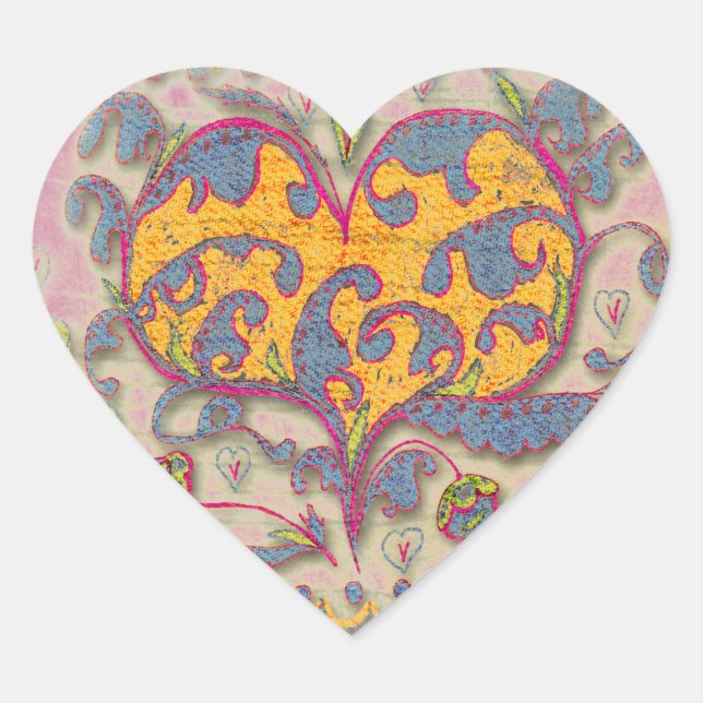 Folk Art Heart with leaves and flowers Heart Sticker (Front)