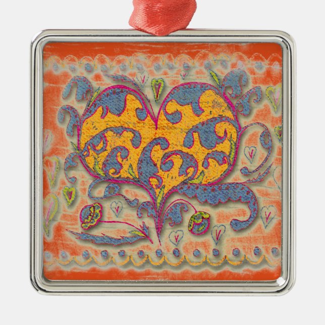 Folk Art Heart with leaves and flowers Metal Tree Decoration (Front)