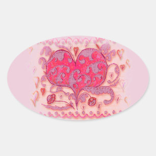 Folk Art Heart with leaves and flowers Oval Sticker