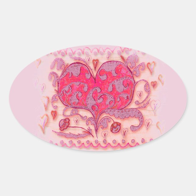 Folk Art Heart with leaves and flowers Oval Sticker (Front)