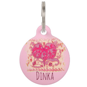 Folk Art Heart with leaves and flowers Pet Tag