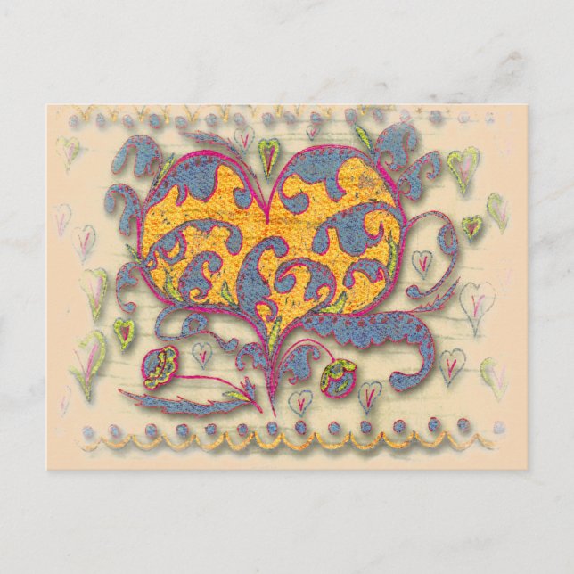 Folk Art Heart with leaves and flowers Postcard (Front)
