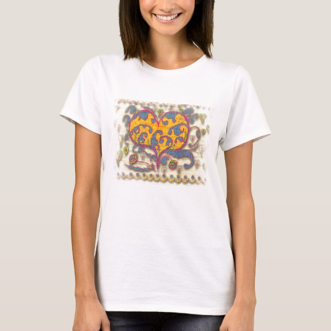 Folk Art Heart with leaves and flowers T-Shirt (Front)