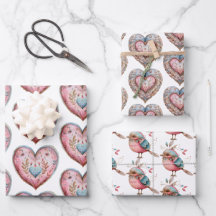 Folk Art Heart Wrapping Paper Romantic Bird 