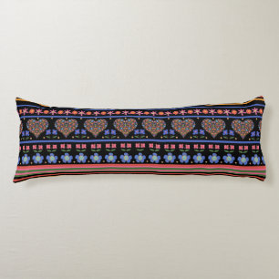 Folk Art Hearts Border on Black Body Pillow
