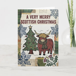 Folk Art Highland Cow Scottish Christmas Tree Card