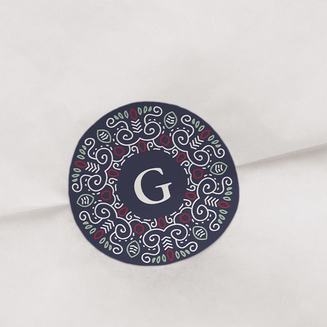 Folk Art Holiday Monogram Classic Round Sticker (Creator Uploaded)