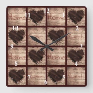 Folk Art Home Sweet Home Collage Hearts Square Wall Clock