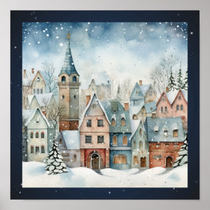 Folk Art Houses Snow Trees Poster