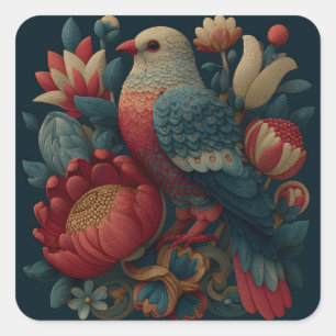 Folk Art Illustration of a Bird Among Vibrant Flow Square Sticker