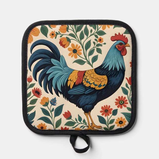 Folk Art Indigo Rooster Pot Holder (Front)