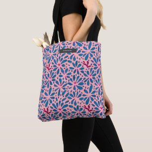 Folk Art Inspired Pink & Blue Floral Tote Bag