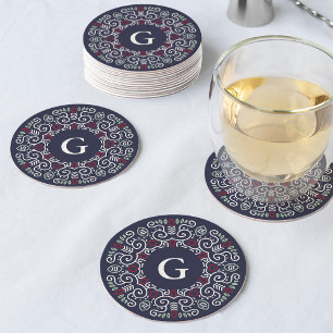 Folk Art Joy Monogrammed Holiday Round Paper Coaster