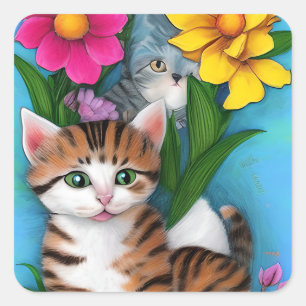 Folk Art Kittens and Flowers Square Sticker