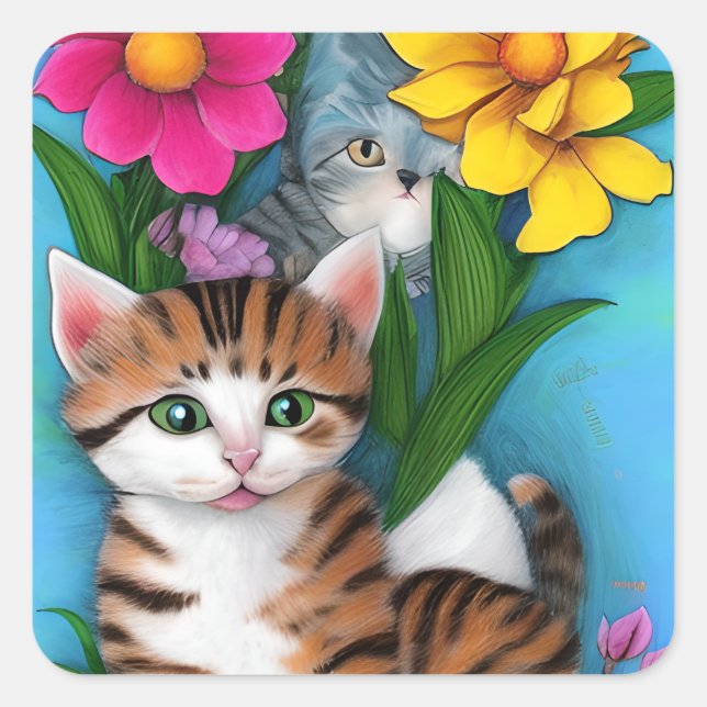 Folk Art Kittens and Flowers Square Sticker (Front)