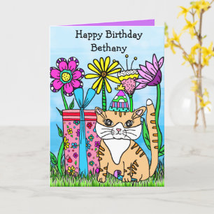 Folk Art Kitty Cat and Colourful Flowers Card