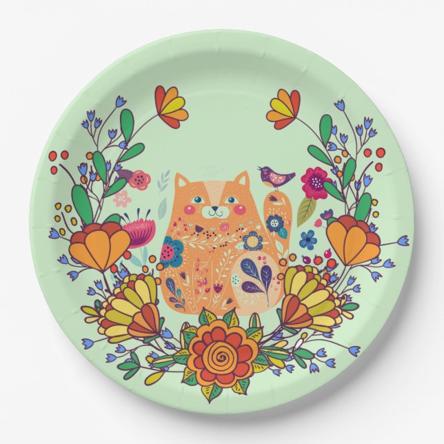 Folk Art Kitty  Paper Plate (Front)