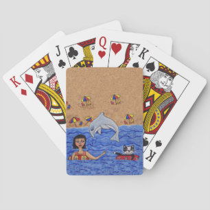 Folk Art Lady Cat Beach Ocean Dolphin Swimming Playing Cards