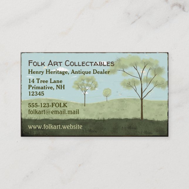 Folk Art Landscape Primitive Americana Trees Business Card (Front)