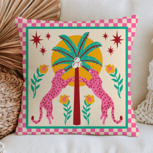 Folk Art Leopards with Palm Tree Chequered BOHO  Cushion