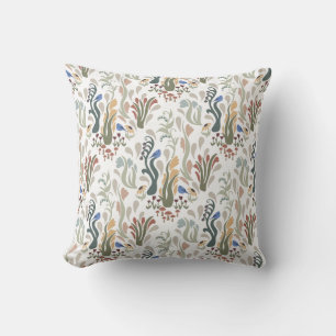 Folk Art Meadow & Blue Bird in Earth Tones Cushion