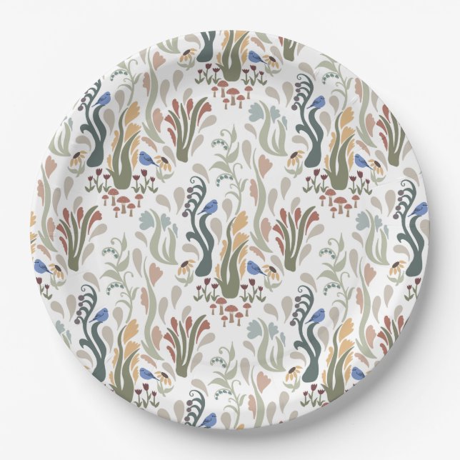 Folk Art Meadow & Blue Bird in Earth Tones Paper Plate (Front)