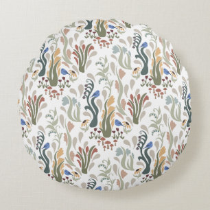 Folk Art Meadow & Blue Bird in Earth Tones Round Cushion