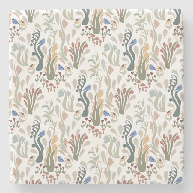 Folk Art Meadow & Blue Bird in Earth Tones Stone Coaster (Front)