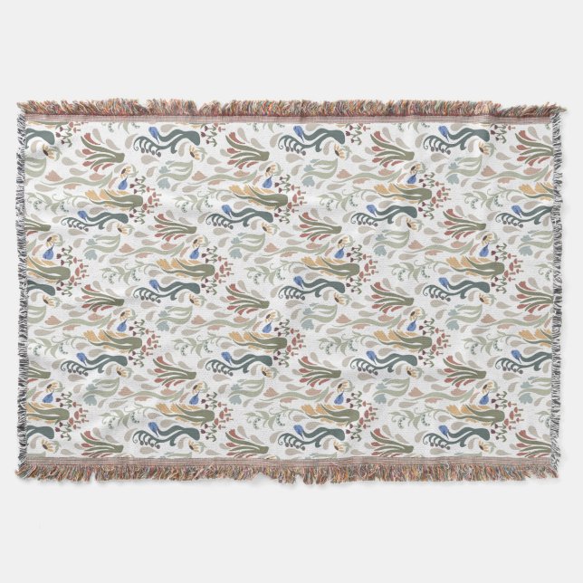 Folk Art Meadow & Blue Bird in Earth Tones Throw Blanket (Front)