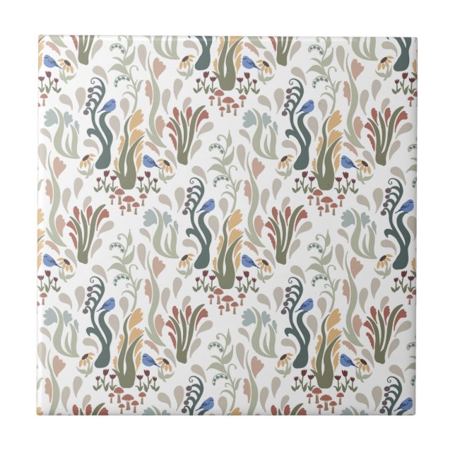 Folk Art Meadow & Blue Bird in Earth Tones Tile (Front)