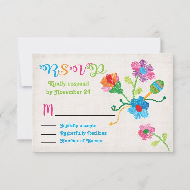 Folk art Mexican Fiesta Embroidery RSVP Card (Front)