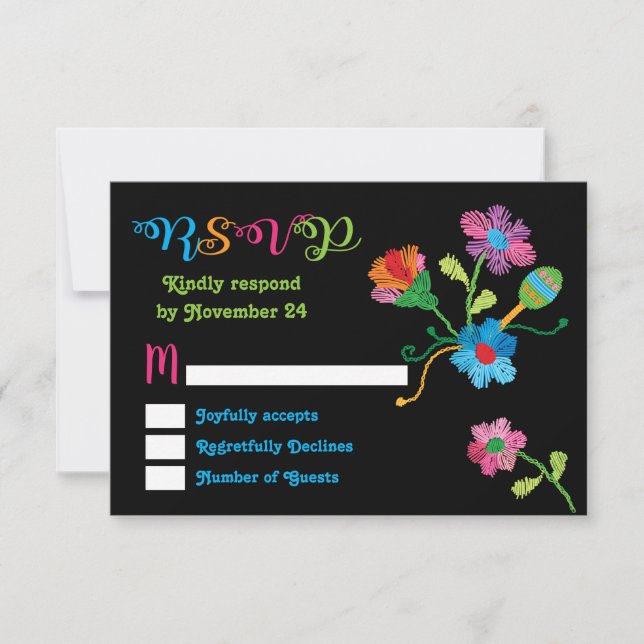 Folk art Mexican Fiesta Embroidery RSVP Card (Front)