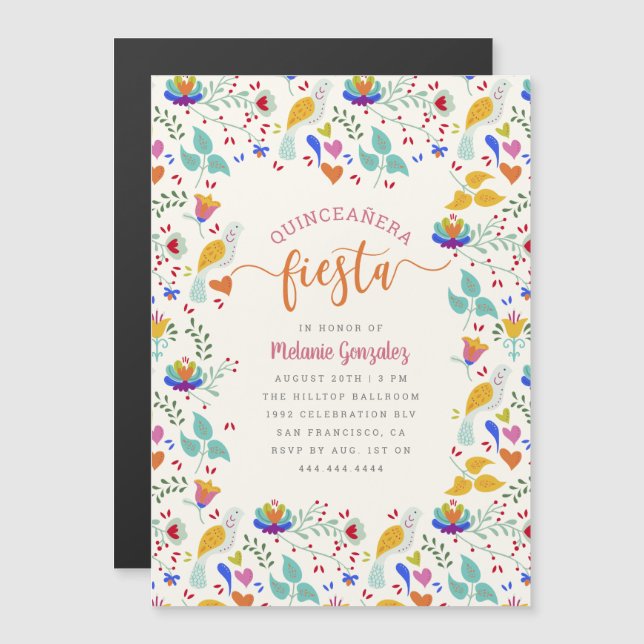 Folk Art Mexican Floral Quinceañera Fiesta Magnetic Invitation (Front/Back)