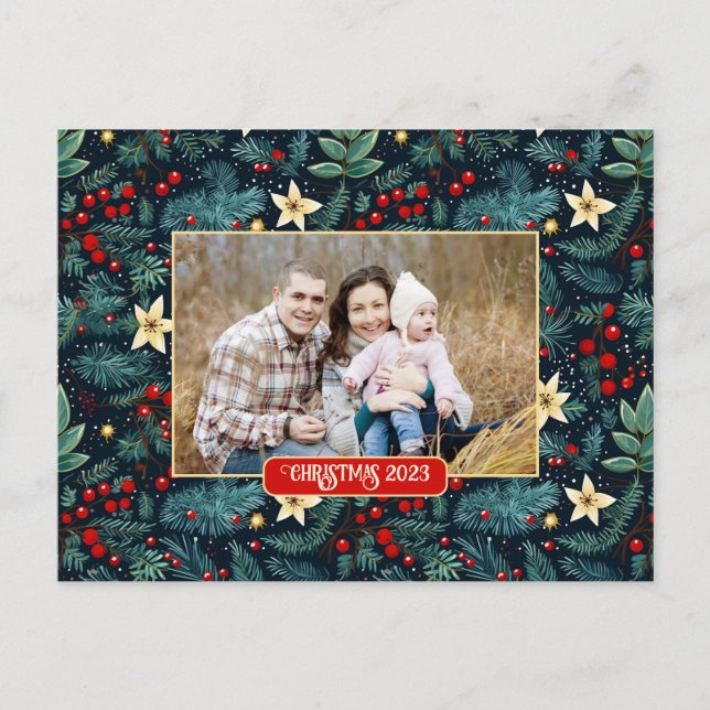 Folk Art Mistletoe Holly Berries Christmas Photo Postcard (Front)