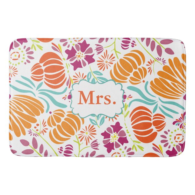 Folk Art Monogram Floral Mrs. or Personalise Bath Mat (Front)