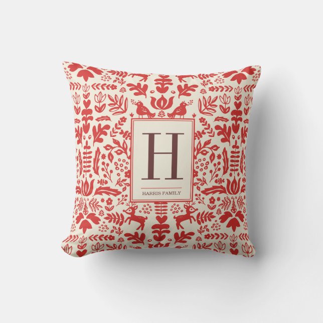 Folk Art Monogram Holiday Throw Pillow (Front)