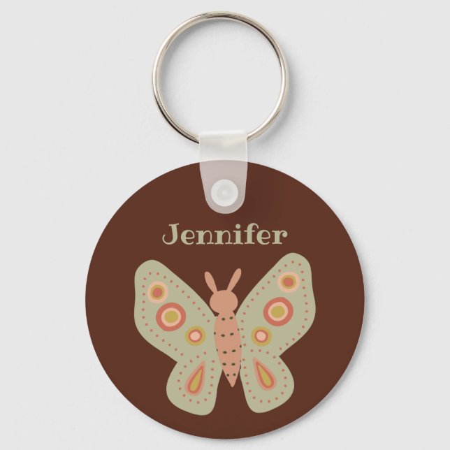 Folk Art Moth, Butterfly on Brown Personalised Key Ring (Front)